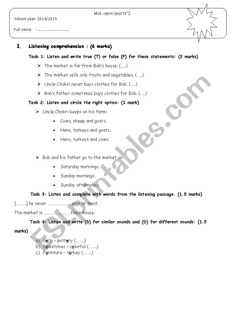 mid -term test n 2  for 7 th form 