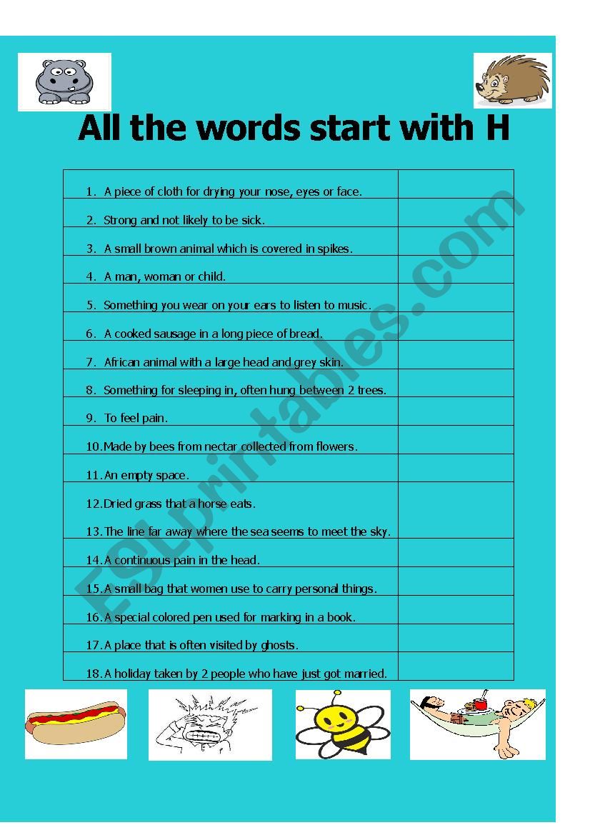 All the words start with H worksheet