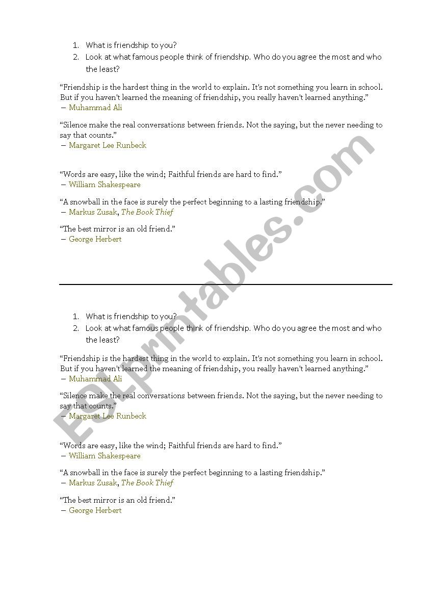 Friendship discussion worksheet