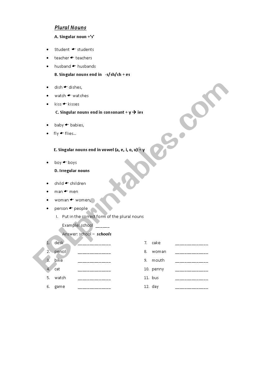 Plural nouns worksheet