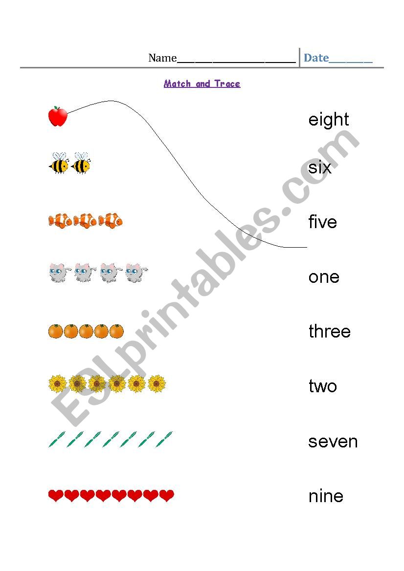 Number 1-10 : Match and Trace worksheet