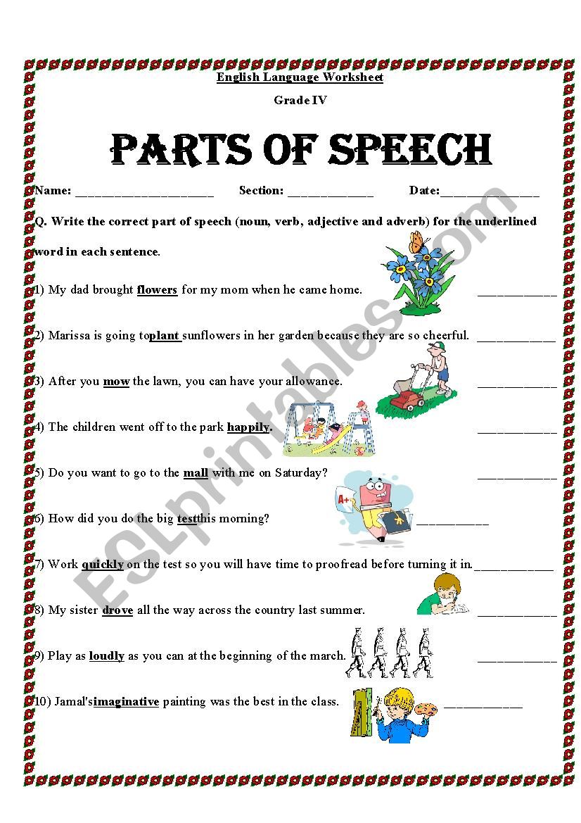 parts of speech worksheet class 2