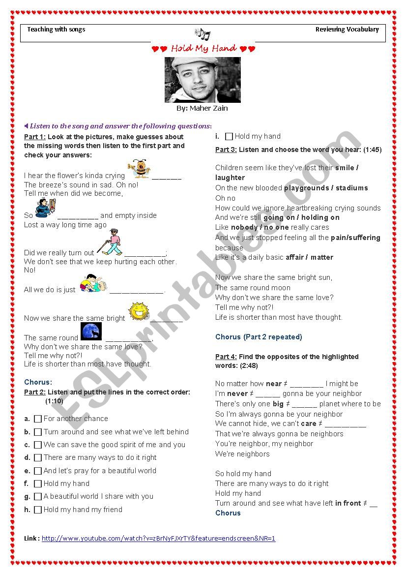 Hold My Hand  By Maher Zain worksheet