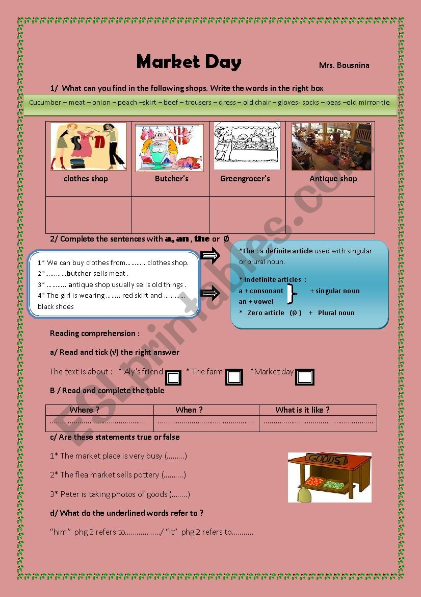 Market Day worksheet