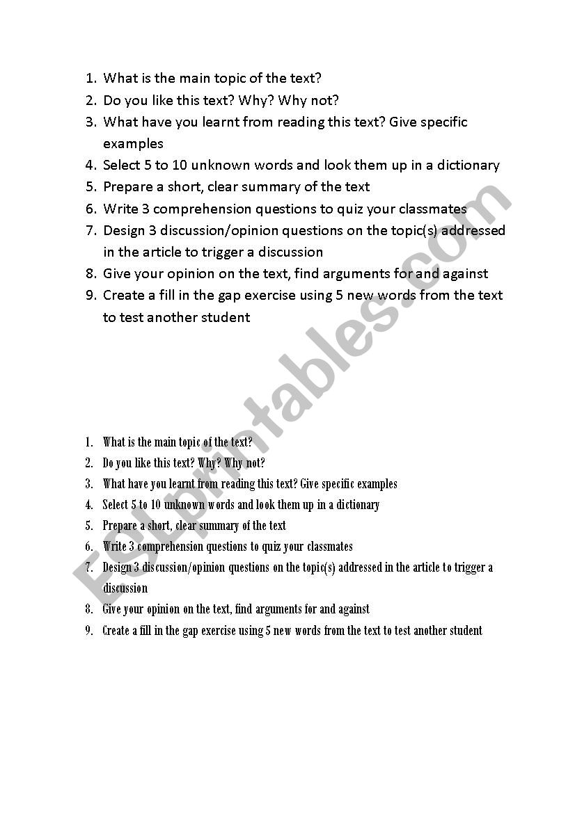Eternal Worksheet for reading articles