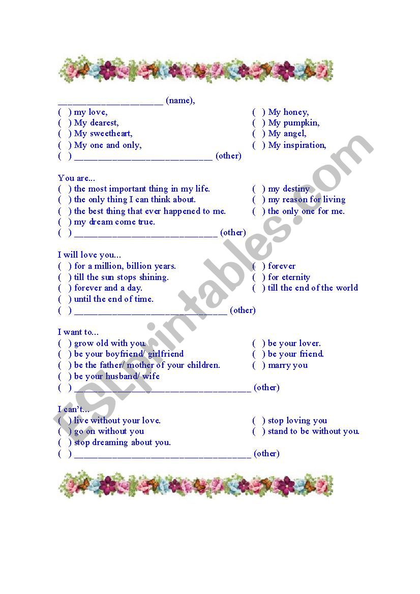 Love letter for dummies worksheet