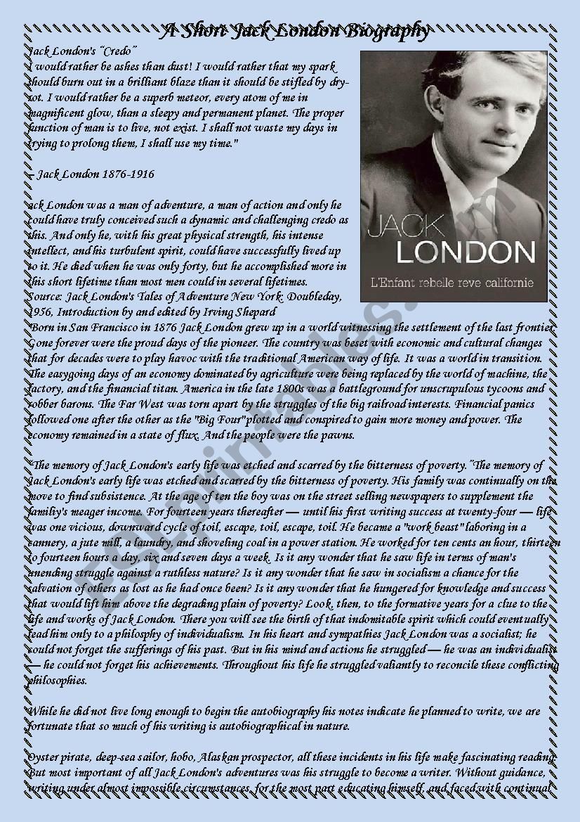 A Short Jack London Biography worksheet