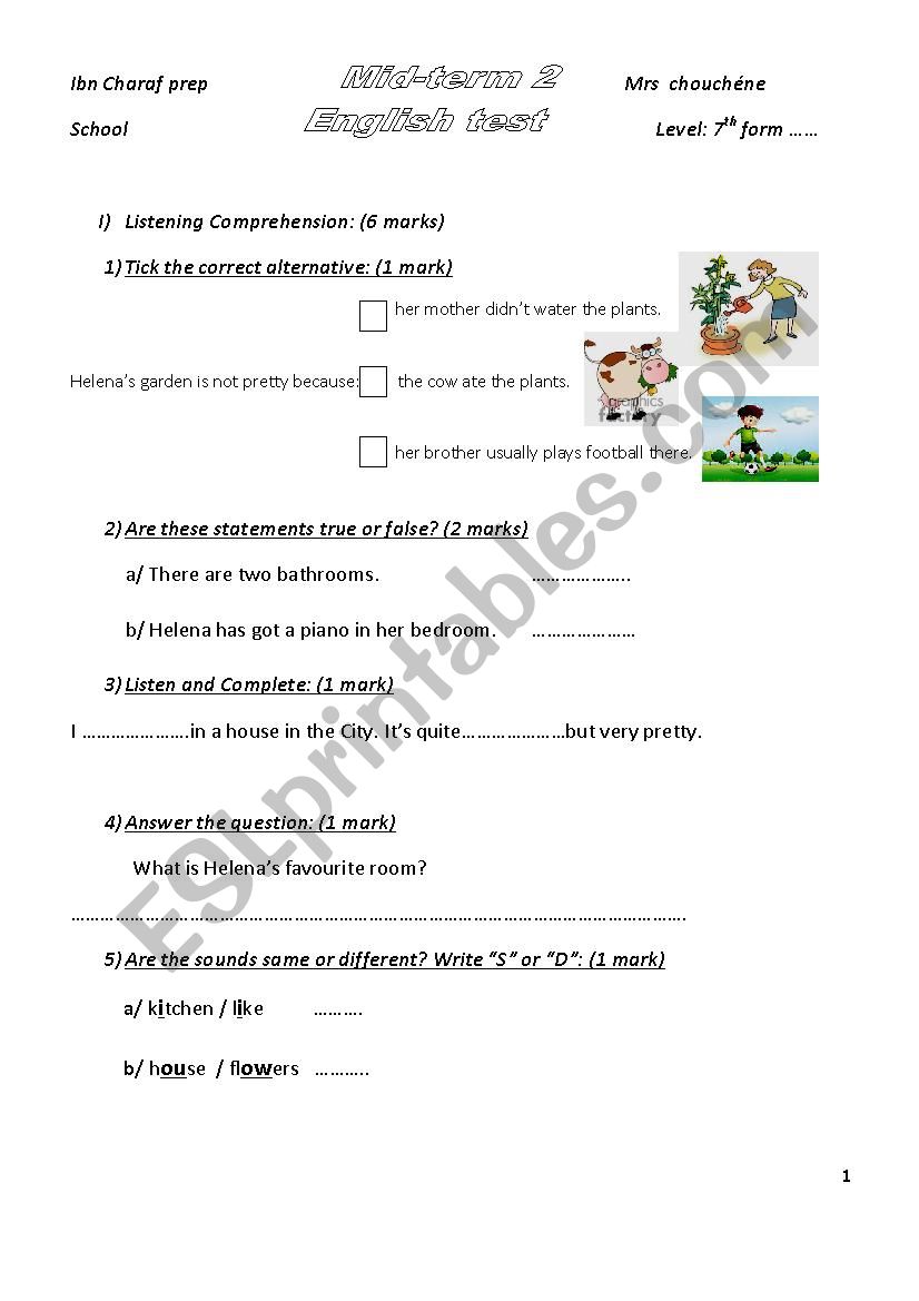 mid term test 2 for 7th form  worksheet