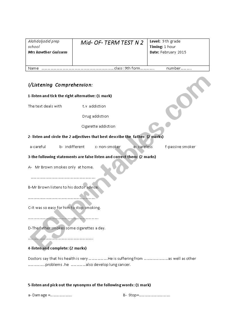 9 th form  Mid -term test n 2  