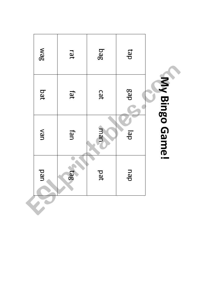 Print and cut out to play bingo game with words ending with 