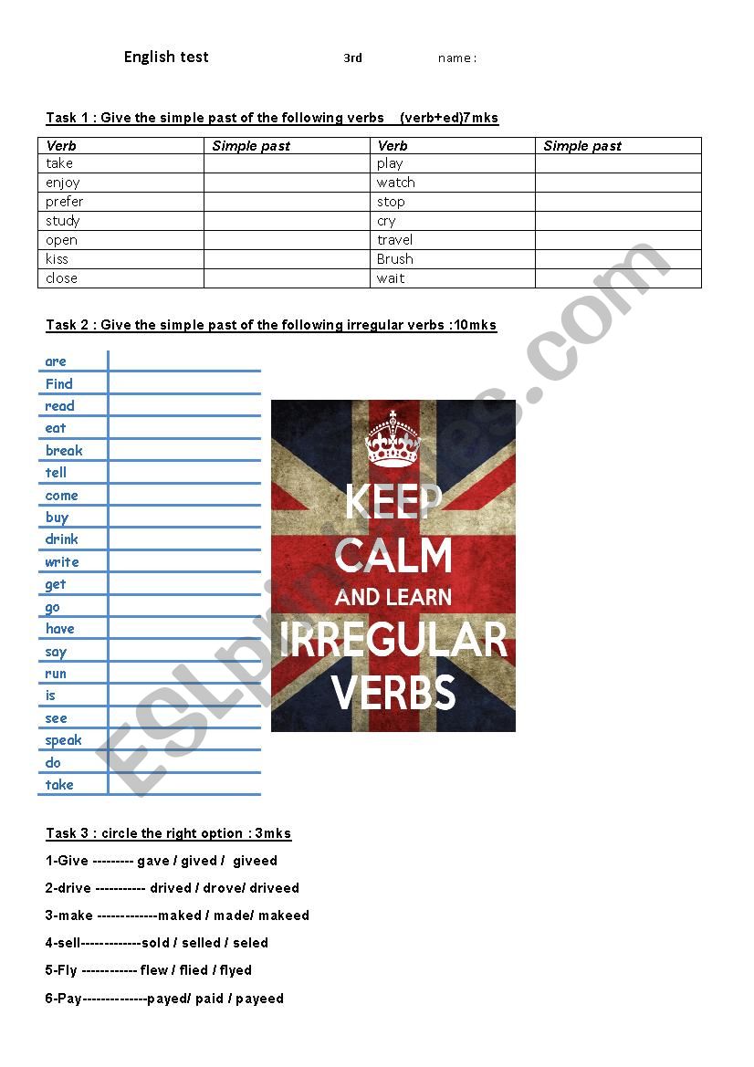 irregular verbs test worksheet