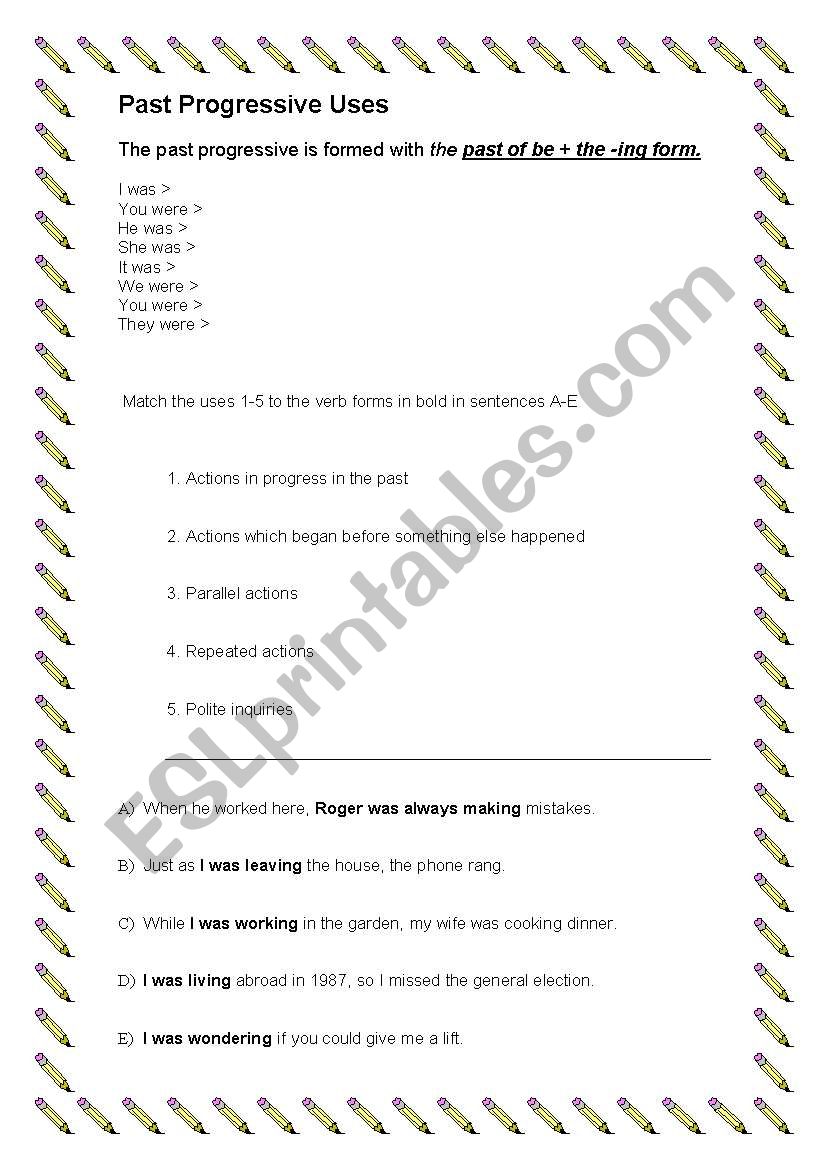 Past Progressive Uses worksheet