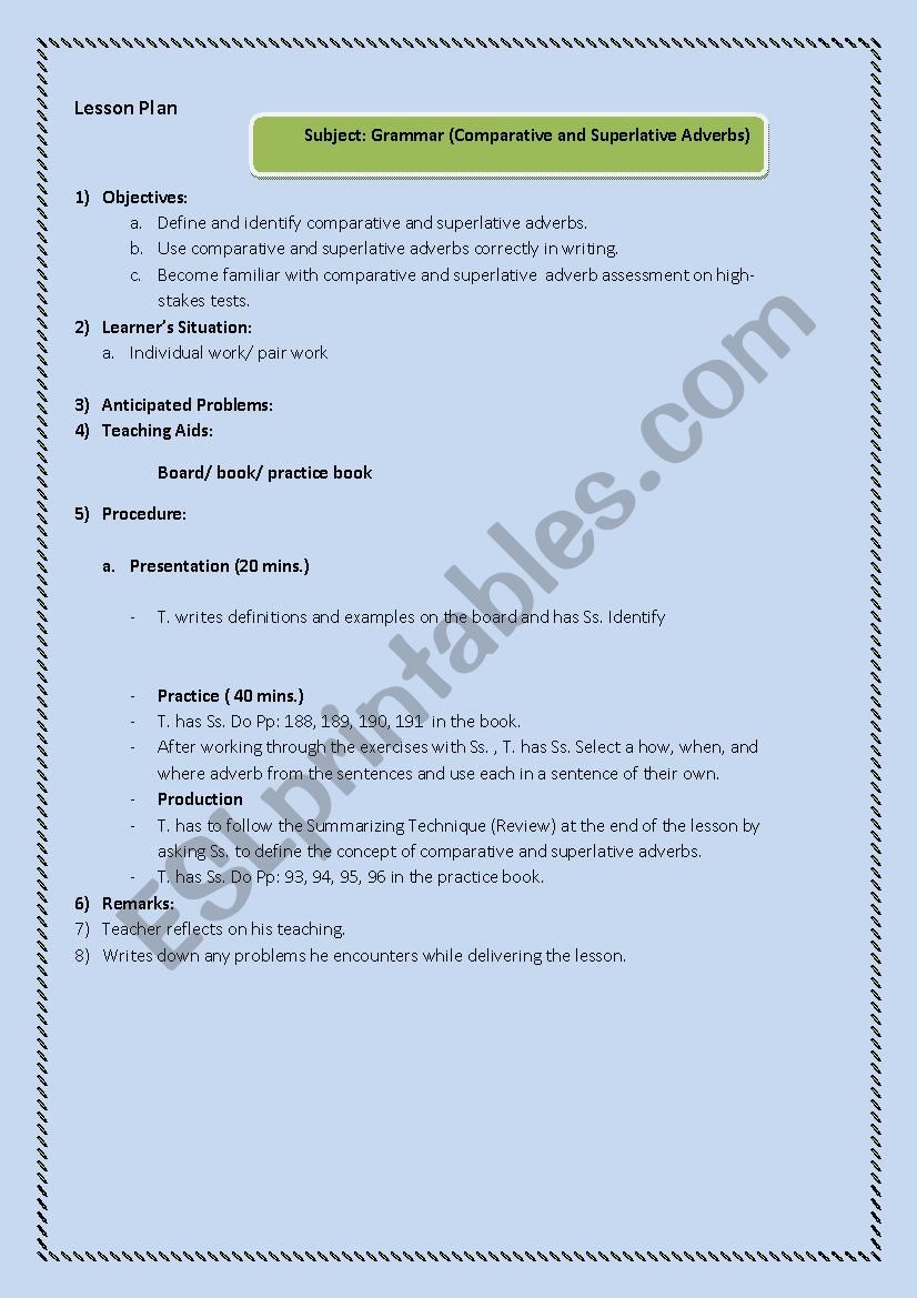 Lesson plan for grammar (Comparative & Superlative Adverbs)