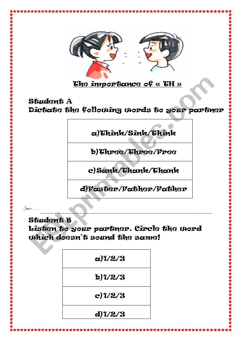 Pronouncing Â´thÂ´ pairwork worksheet
