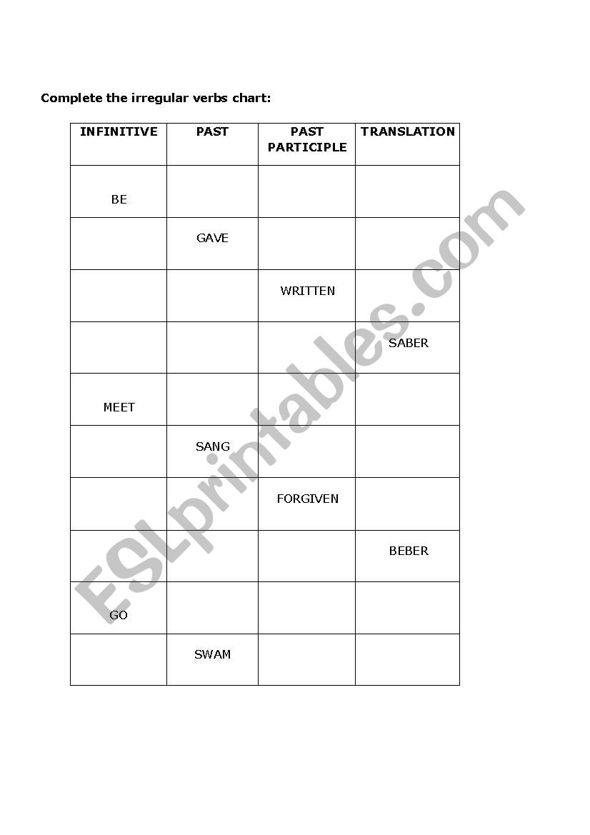 irregular verbs test worksheet