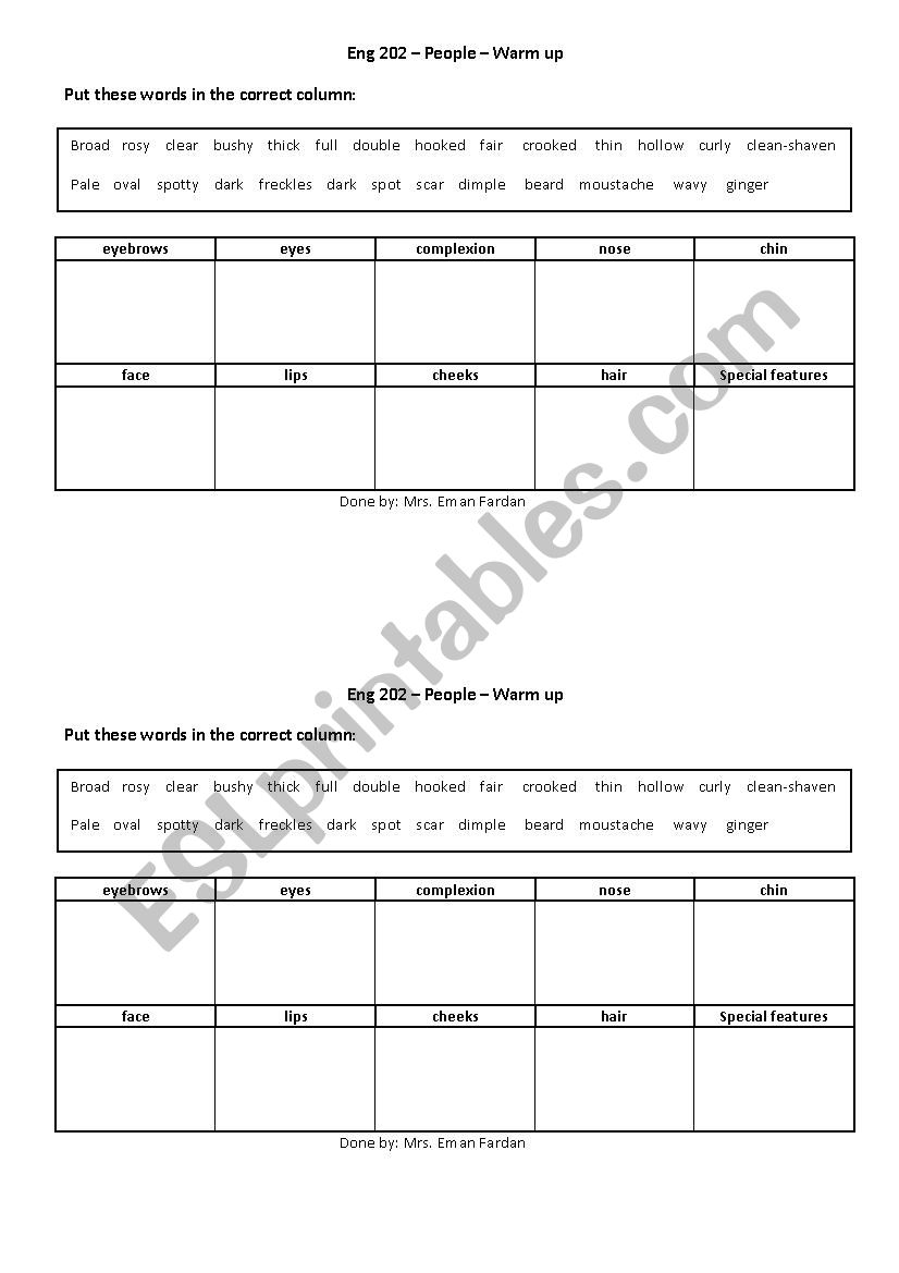 facial features worksheet