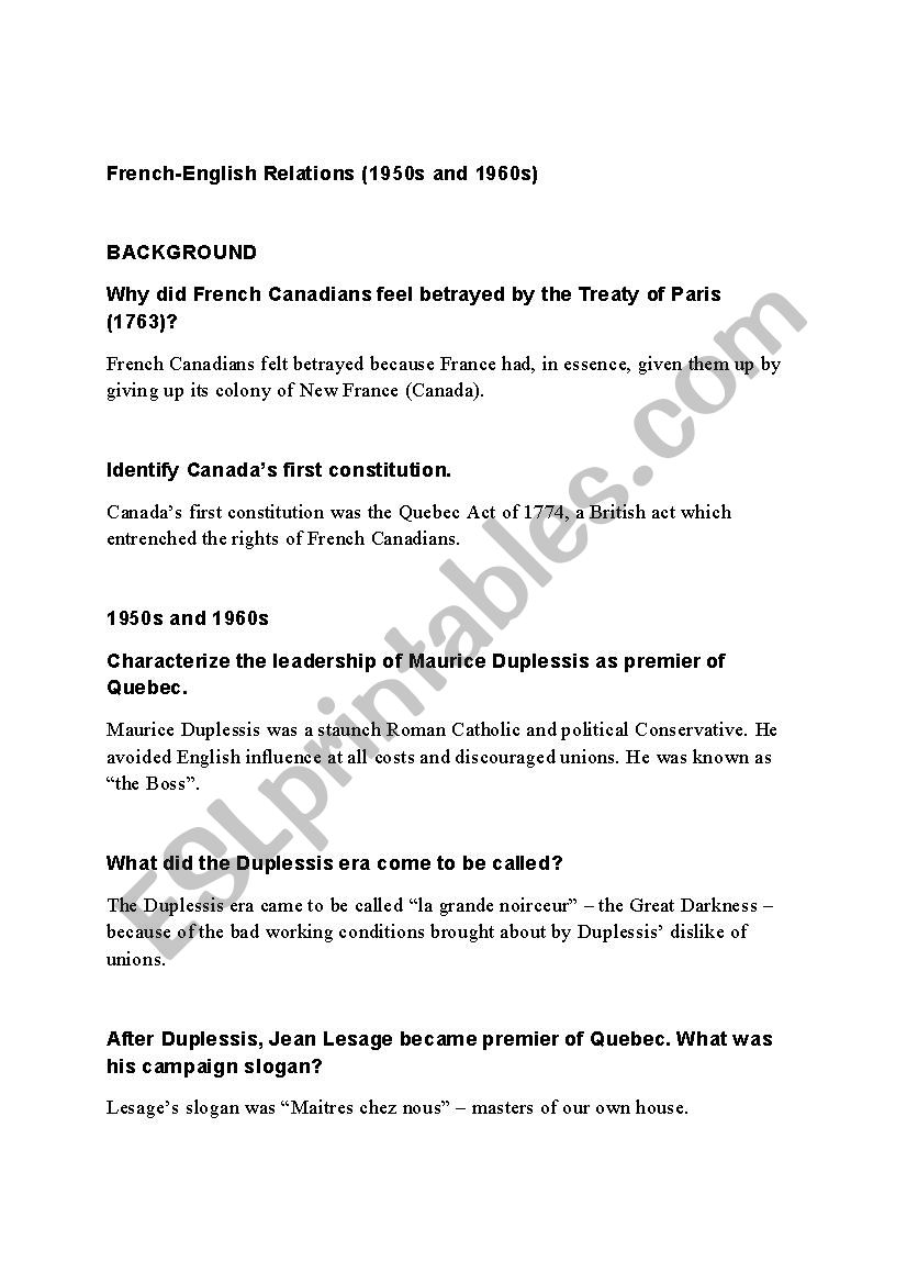 English/French Relations Canadian History Summar