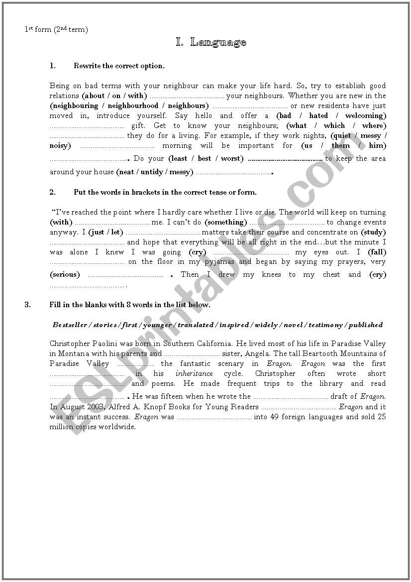 review activities (1st form Tunisian)