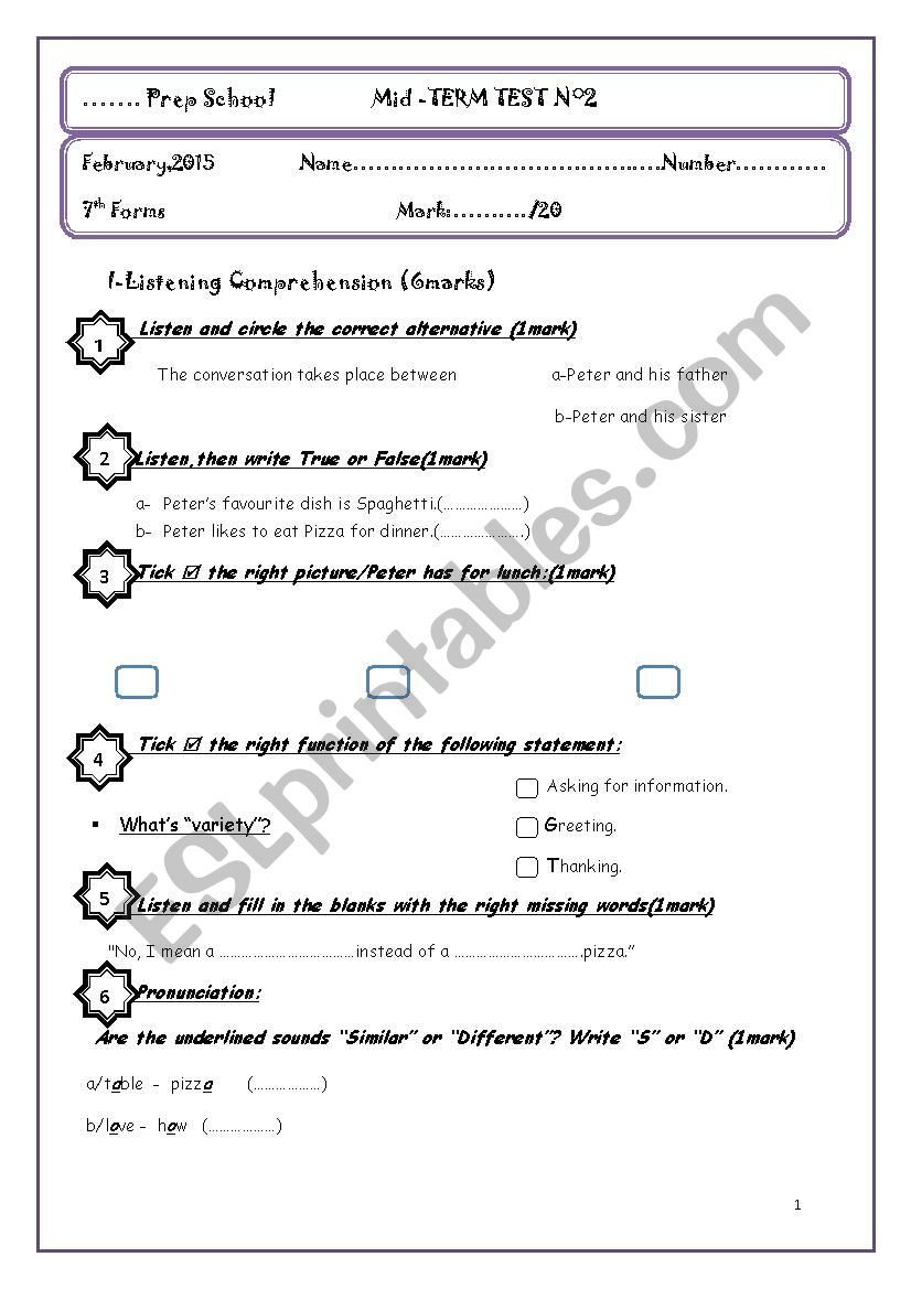 Mid Term Test N2 7th Form worksheet