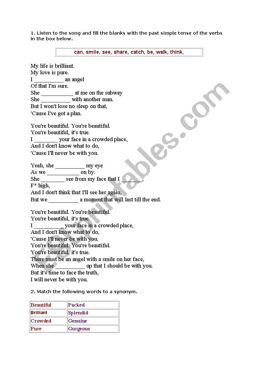 James Blunt You are beautiful (Song exercise) Past tense