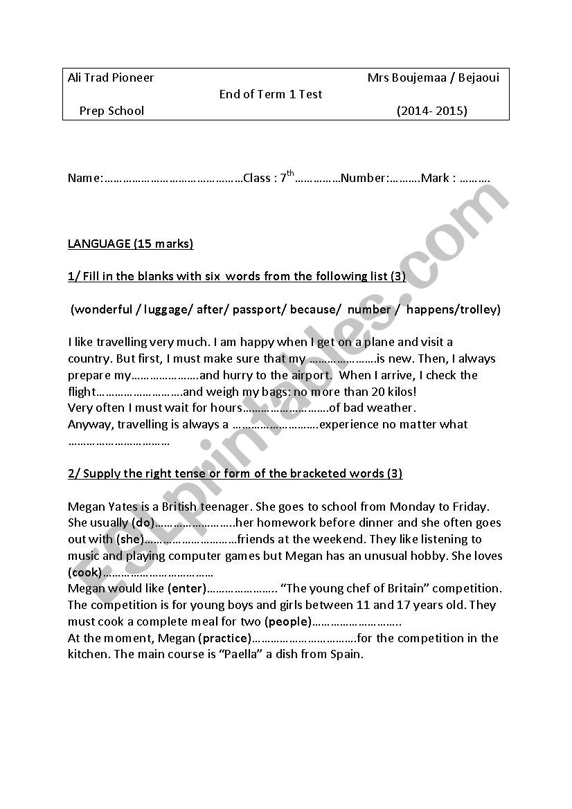 Prep school tests worksheet