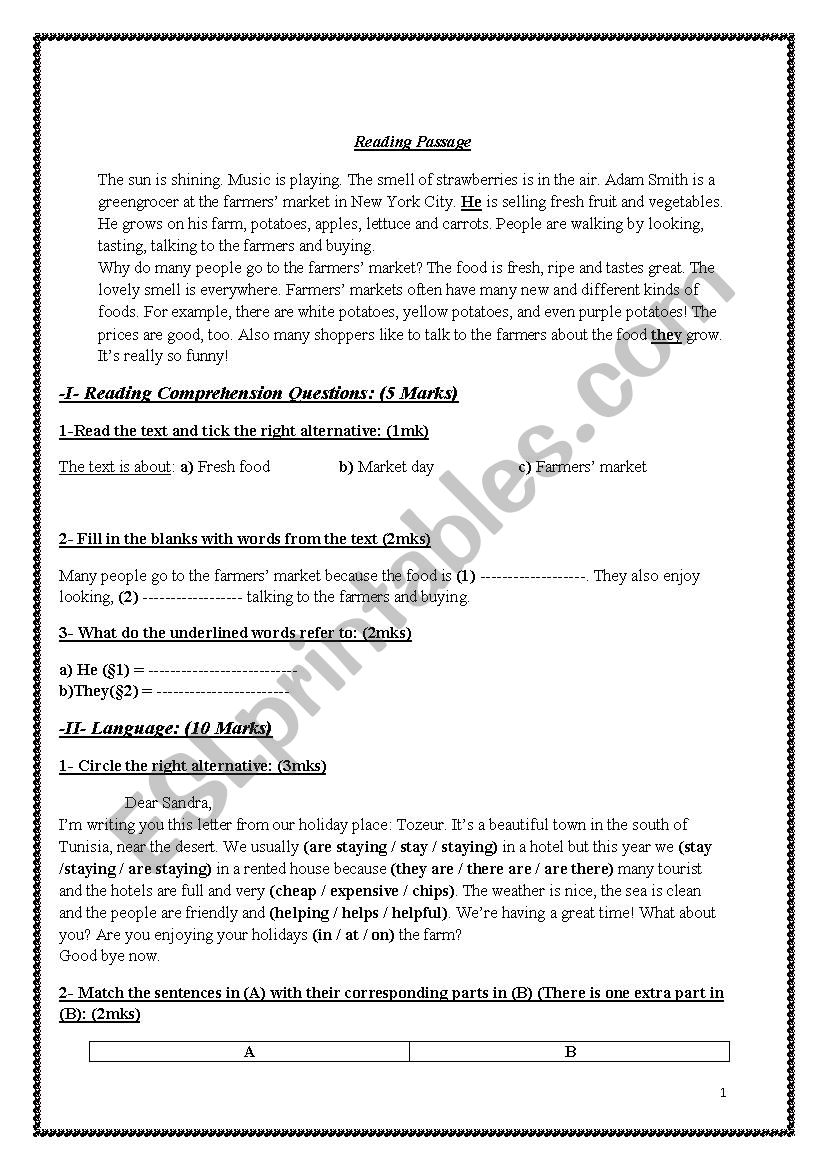 7th form exam worksheet