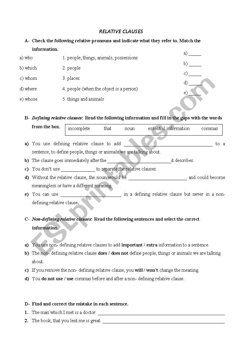 RELATIVE CLAUSES worksheet