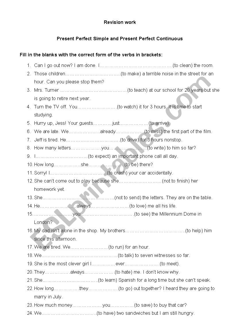 pres. perfect continuous worksheet