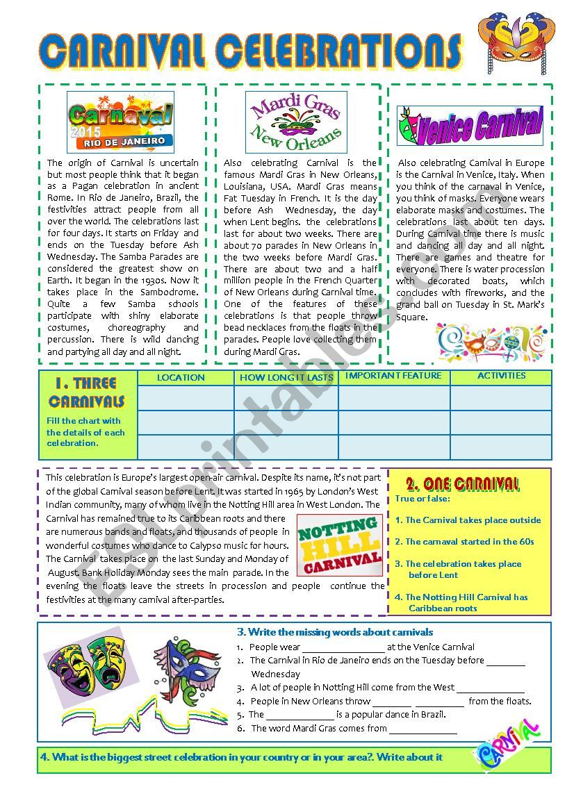 CARNIVAL CELEBRATIONS worksheet