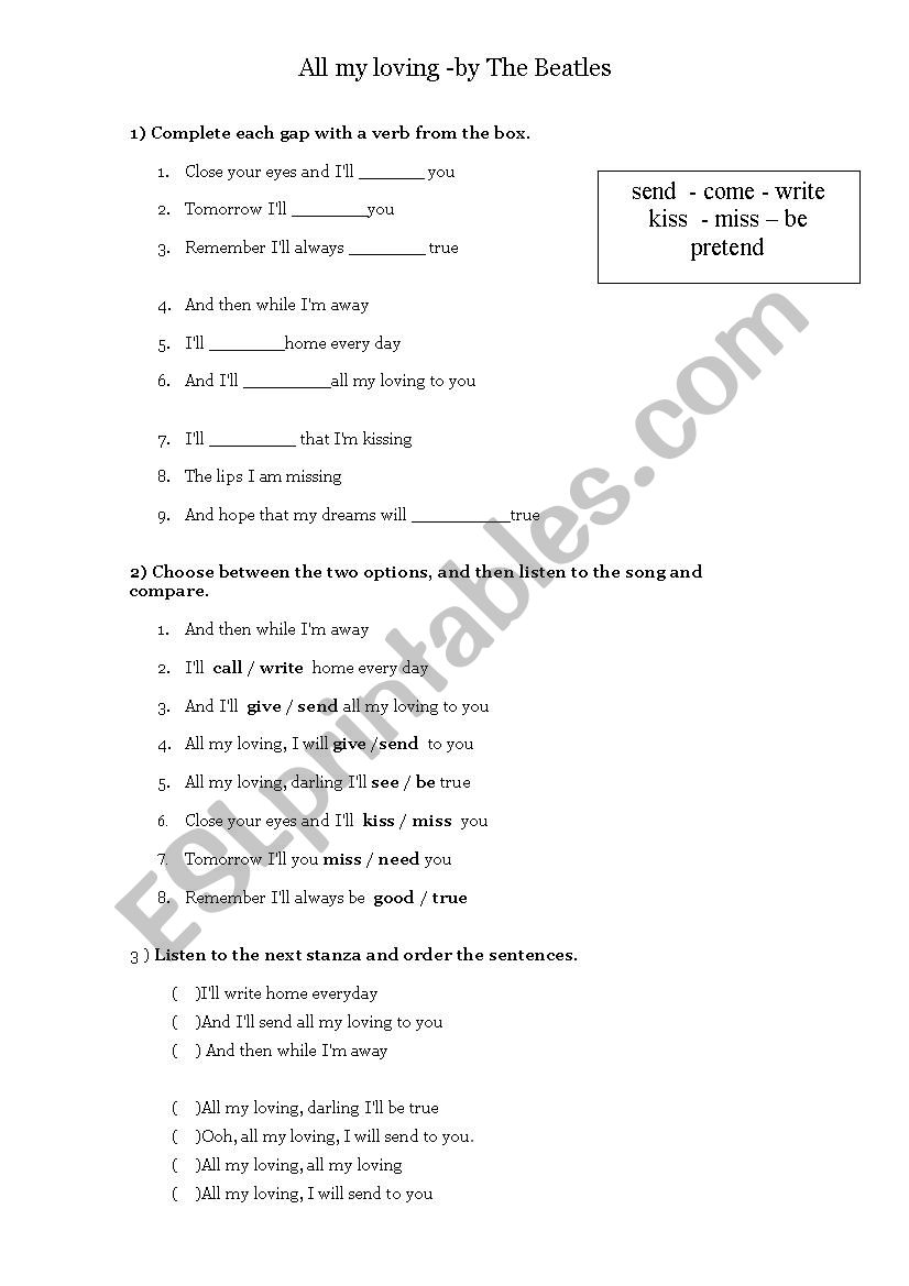 All My Loving By The Beatles Esl Worksheet By Ivet Sanchez