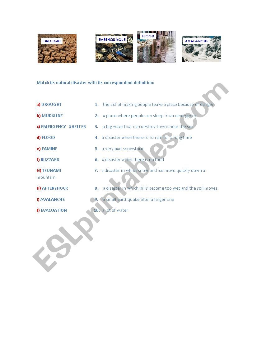 NATURAL DISASTERS MATCHING EXERCISE