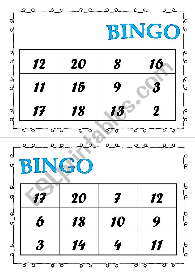 BINGO 1-20 worksheet