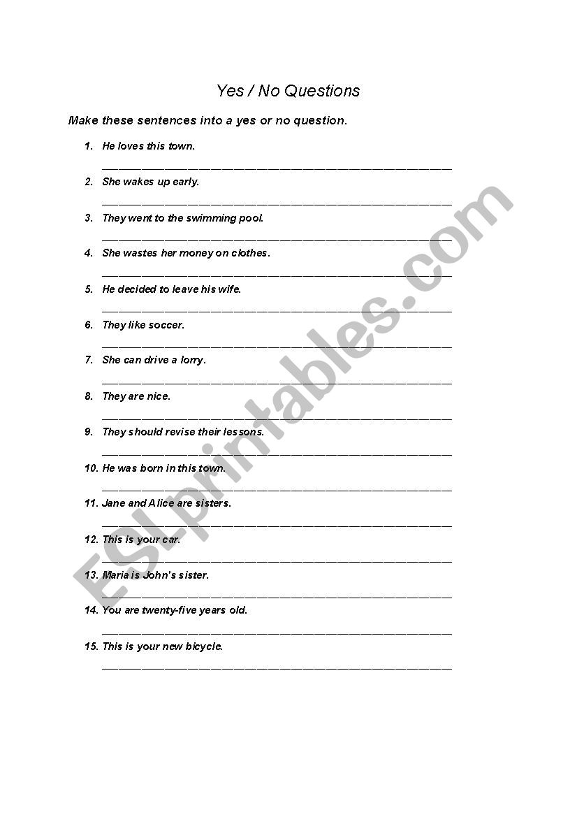 Yes, no questions worksheet