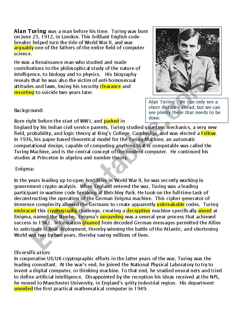 Alan Turing and the Enigma worksheet