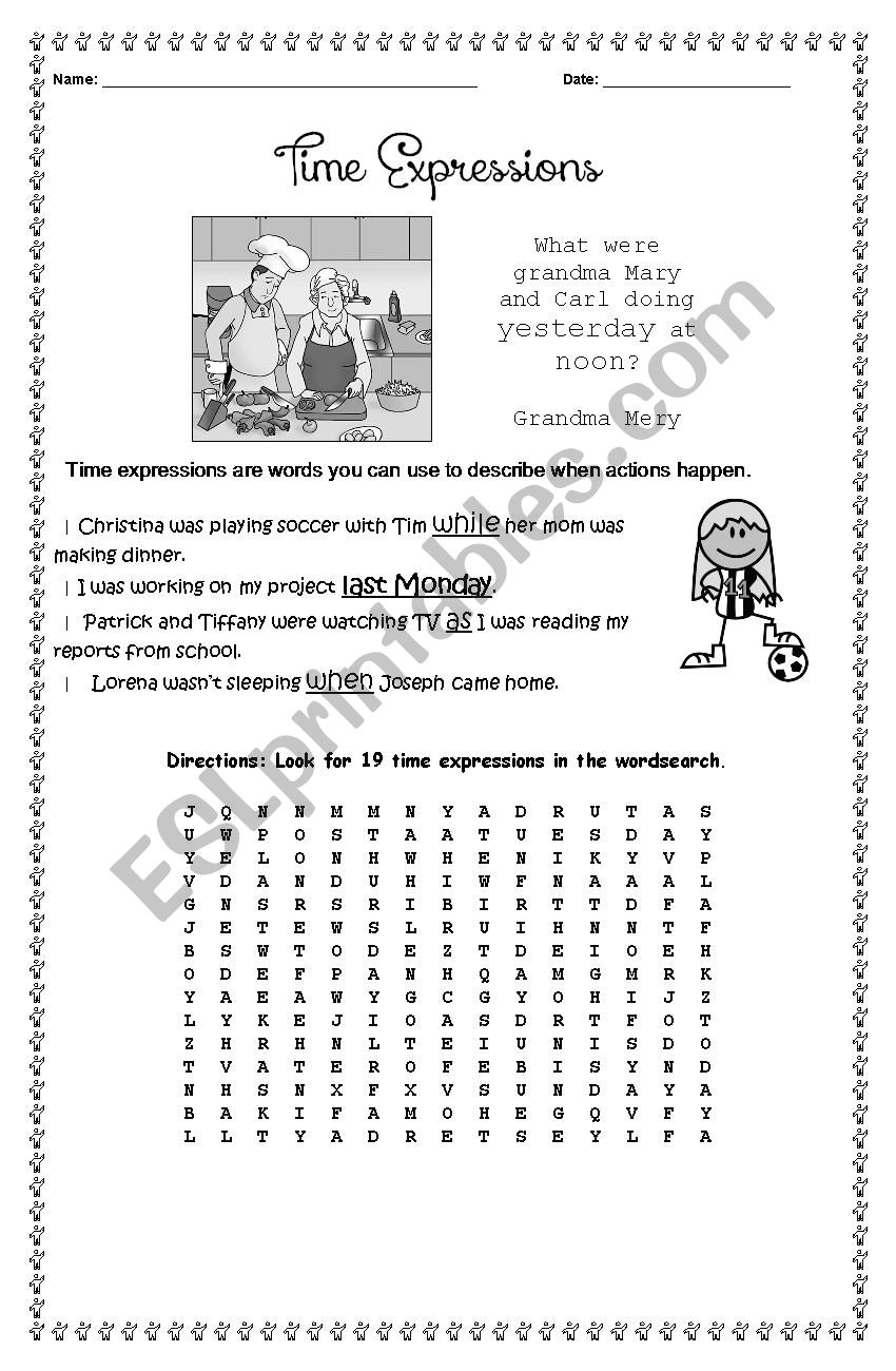 Time expressions - wordsearch worksheet