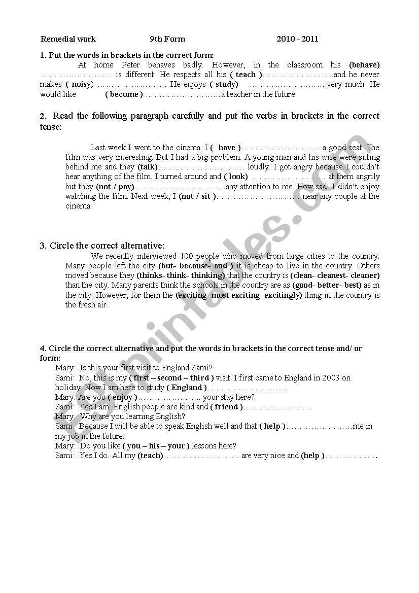 Remedial tasks worksheet