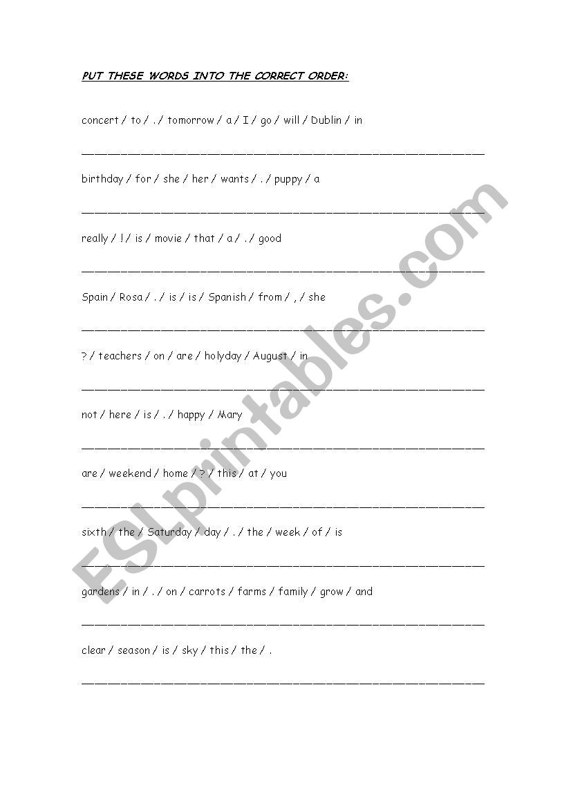 Order the sentences worksheet