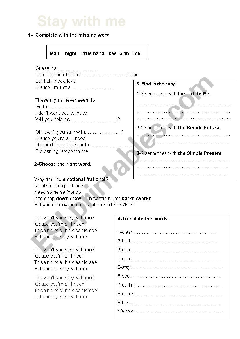 Stay with me worksheet