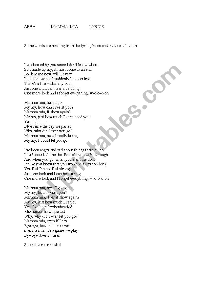 ABBA Mamma Mia Listening task worksheet