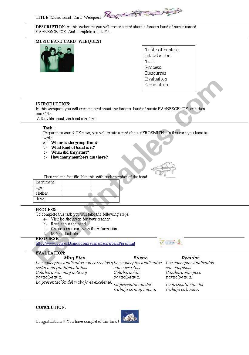 Evvanescence band webquest worksheet