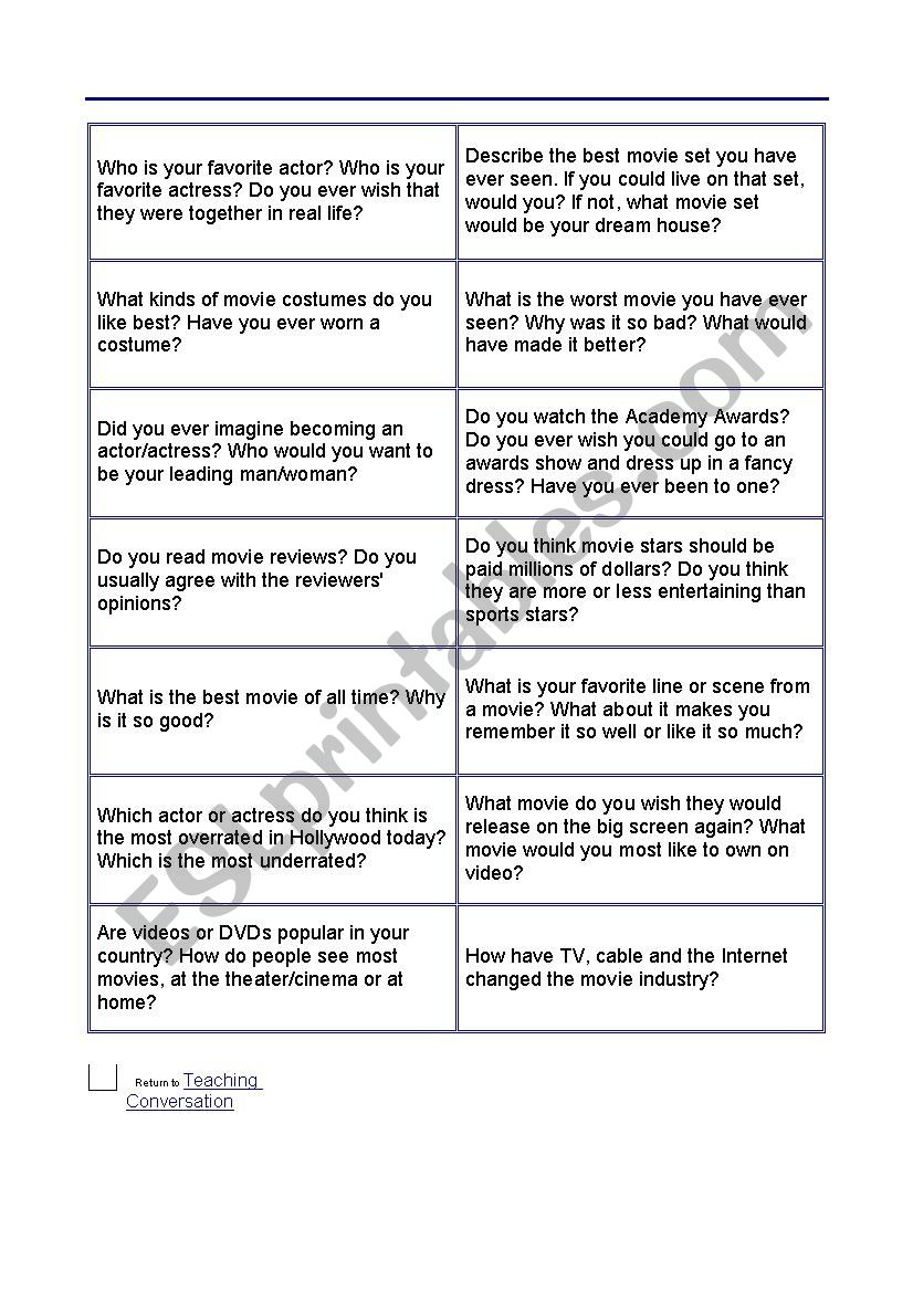 Conversation Movies Qs worksheet