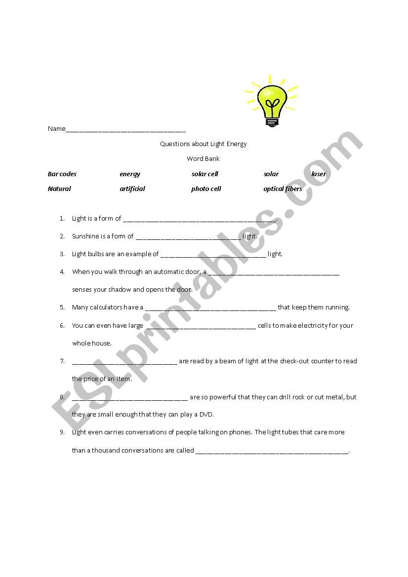 Light Energy Worksheet worksheet