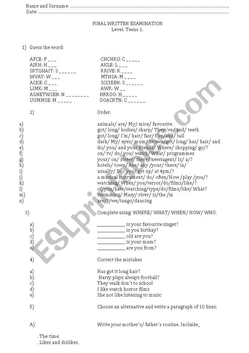 Examination Teens 1 worksheet