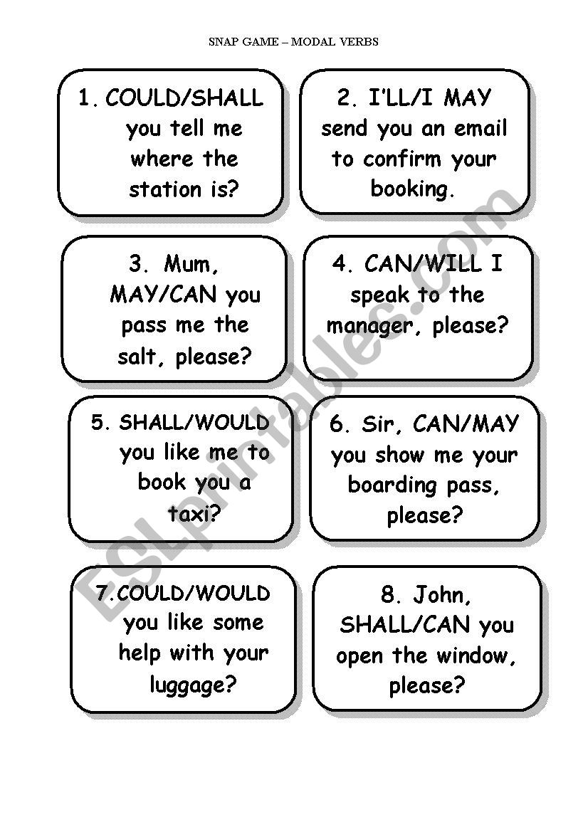 Snap game - modal verbs worksheet