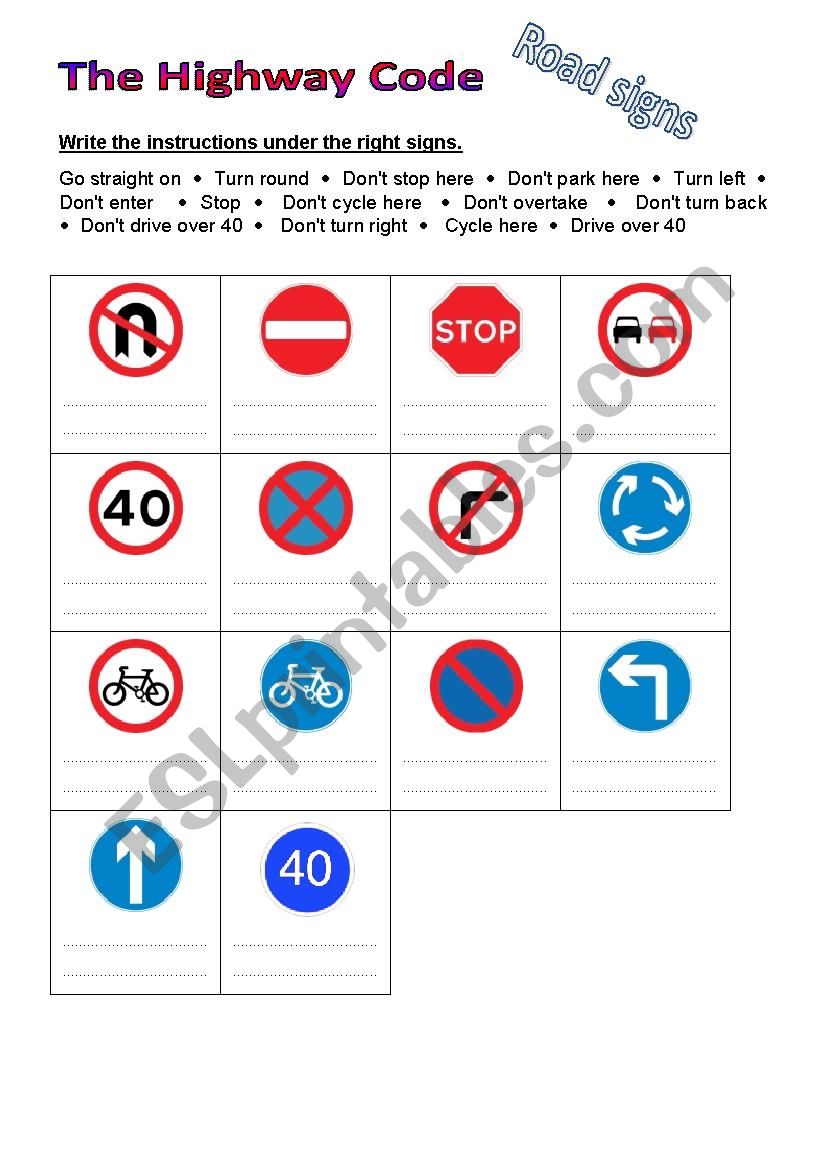 Road signs matching worksheet