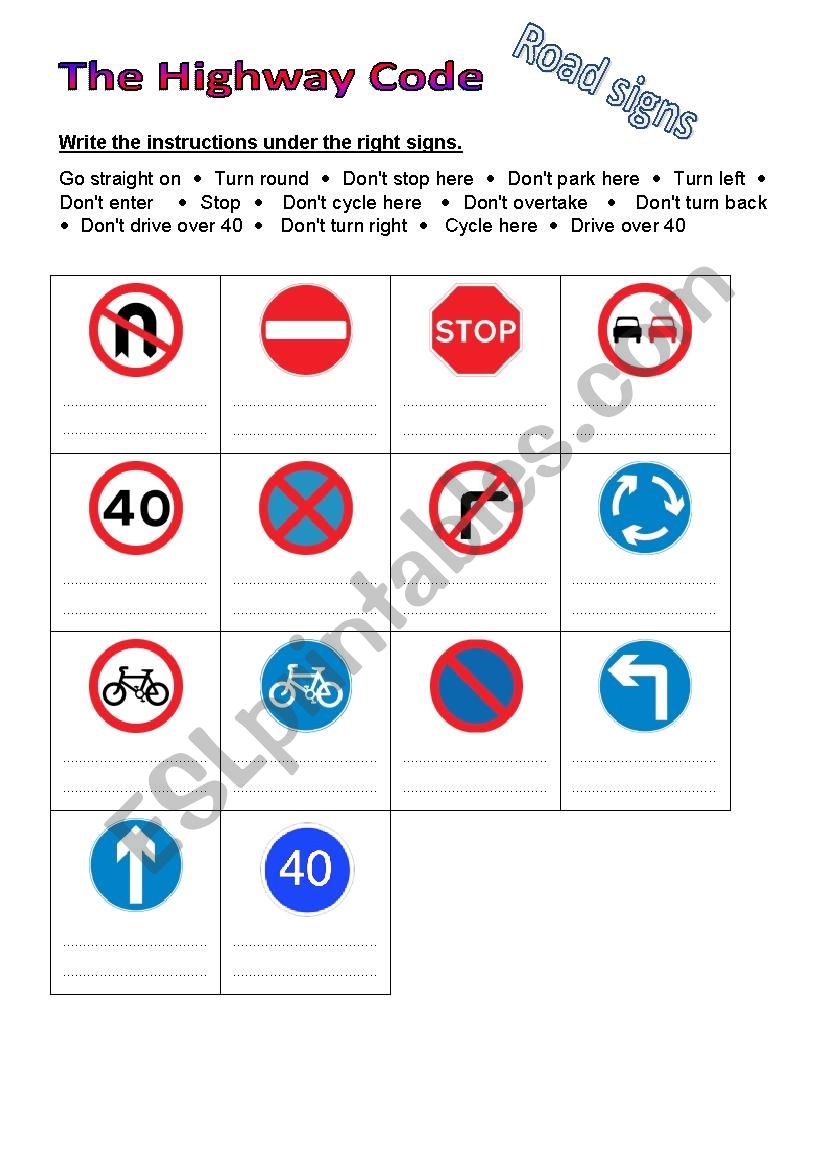 Road signs matching worksheet