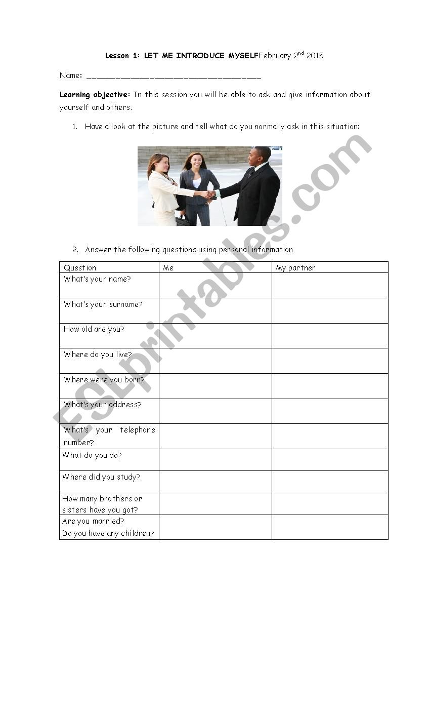 Introducing Myself worksheet