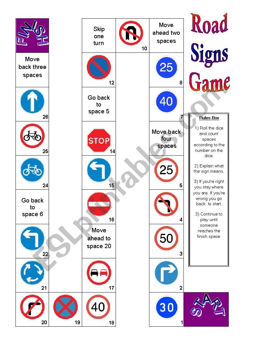 Roadsigns Board game worksheet