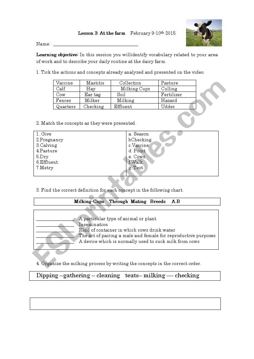 Milking in the farm worksheet