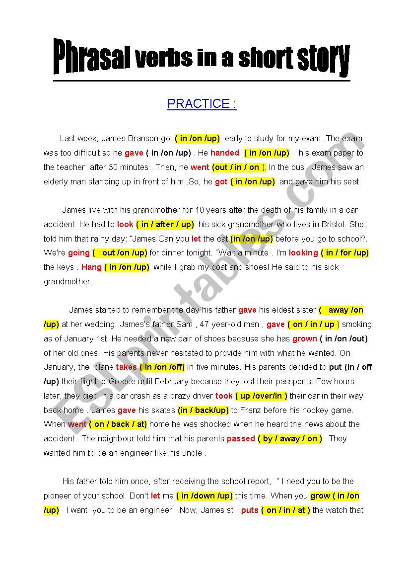 Phrasal verbs in a short story - ESL worksheet by Zidane Mabrouk